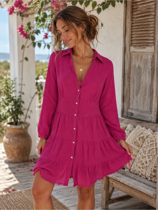 Umgee Dresses & Skirts - Umgee Fuchsia Button-Front Tiered Shirt Dress